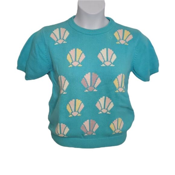 VINTAGE 90s sweater seashell short sleeve crewneck blue S/M‎ - Picture 1 of 8